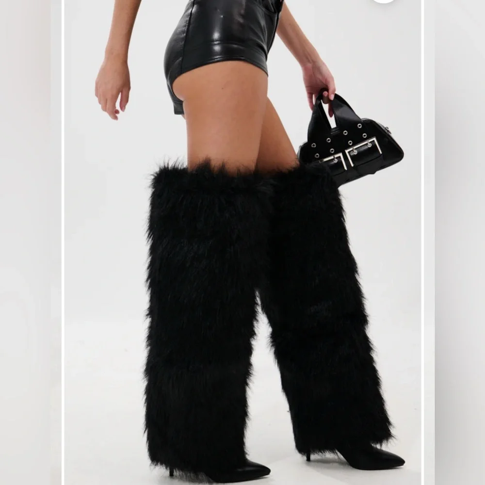 AZALEA WANG Langleye Black Faux Fur Over The Knee Stiletto Boots 6.5